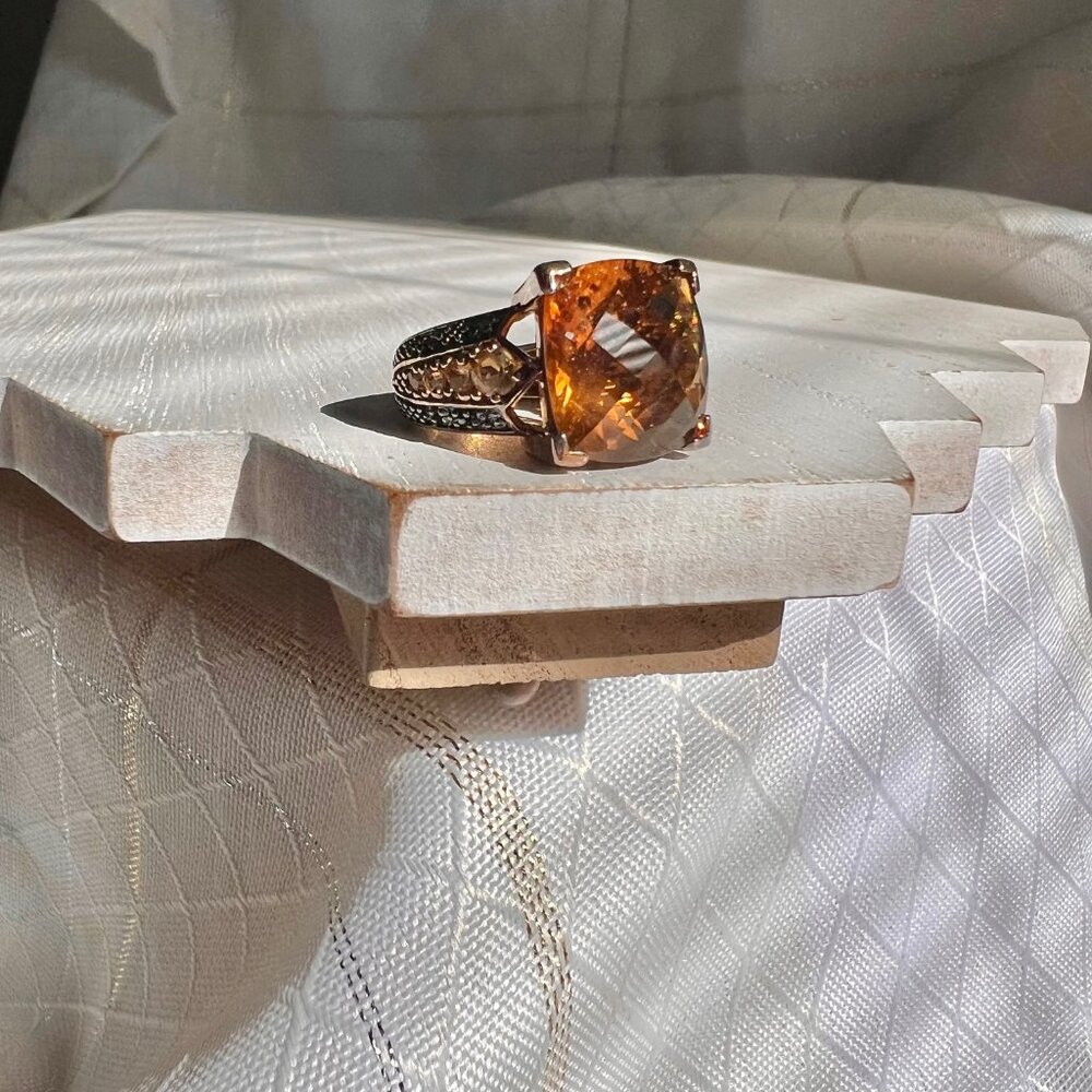 Cocktail Ring, Cognac Quartz & Citrine Stones with Diamond Accents Size 5